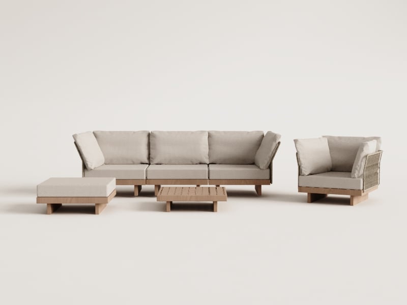 Dailin 3-teiliges modulares Gartensofa-Set mit 2 Eckstühlen, Couchtisch, Sessel und Pouf aus Akazienholz