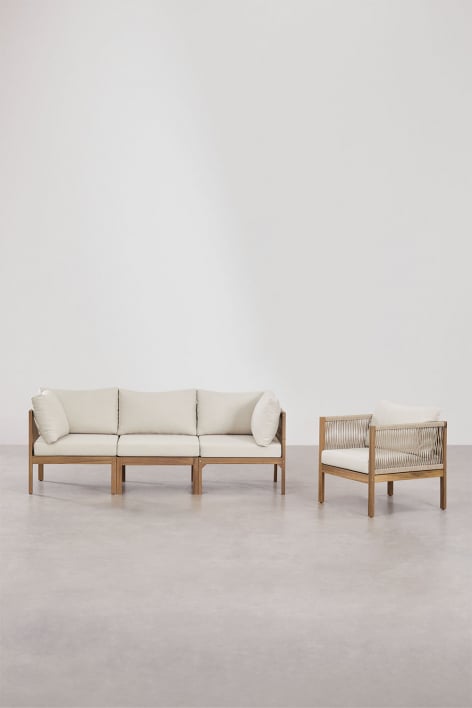 Wohnzimmerset mit dreiteiligem Modulsofa mit Armlehnen und Sessel aus Branson-Akazienholz