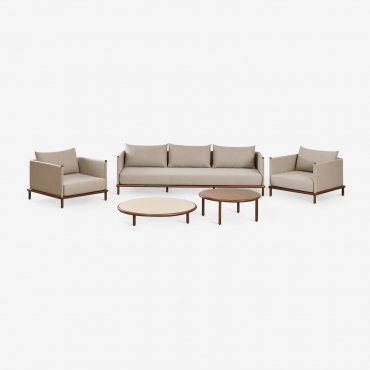 Wohnzimmerset Mit 3-sitzer-sofa, 2 Sesseln Und 2 Runden Couchtischen Aus Olivia-akazienholz Grießbeige – Dunkles Holzbraun - Sklum