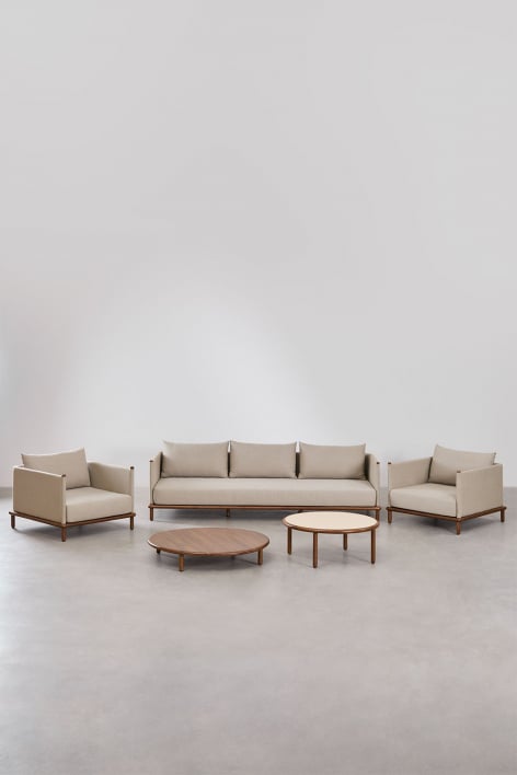 Wohnzimmerset mit 3-Sitzer-Sofa, 2 Sesseln und 2 runden Couchtischen aus Akazienholz Olivia - Akazienbraun dunkel - Beige Semoline