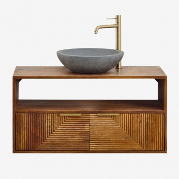 Badezimmerset Aus Mangoholz Baty Mango-holz & Rund Grau Zement Ø40 Cm Tarsis & Ohne Spiegel & Vergoldet ↑30 Cm Mit Ablassventil - Sklum