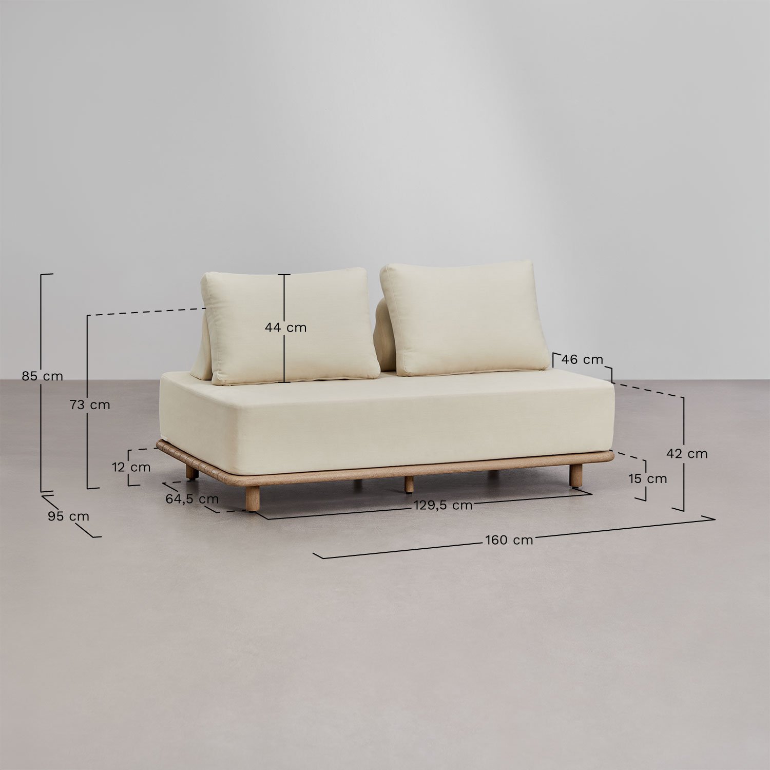 Gartenset mit 2-teiligem modularen Ecksofa, Beistelltisch, Sessel und Couchtisch 95x95 cm in Portet-Akazie, MAßE