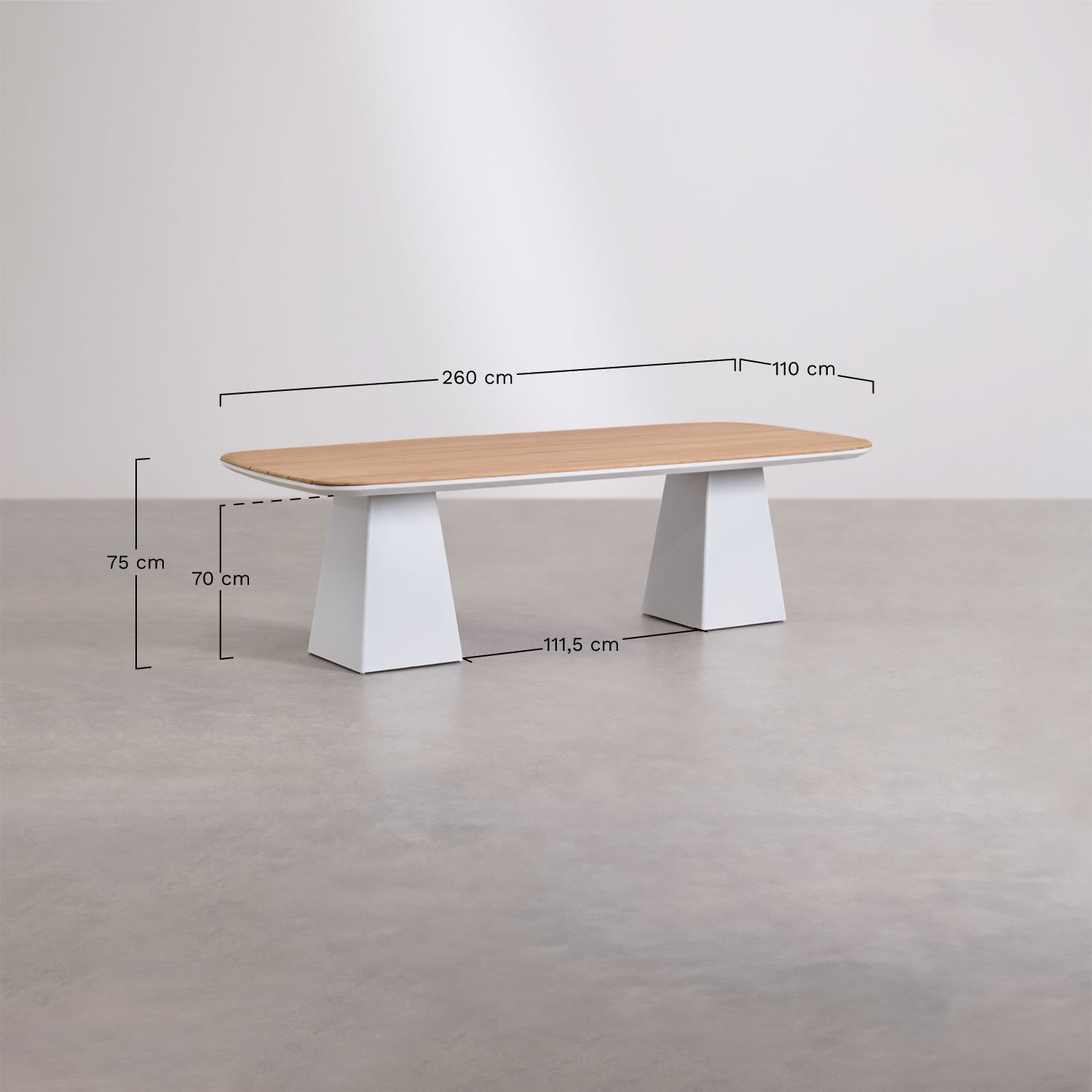 Rechteckiges Tischset 260x110 cm aus Aluminium und Teakholz Inkeri und 10 stapelbare Aluminium-Gartenstühle Elvira, MAßE