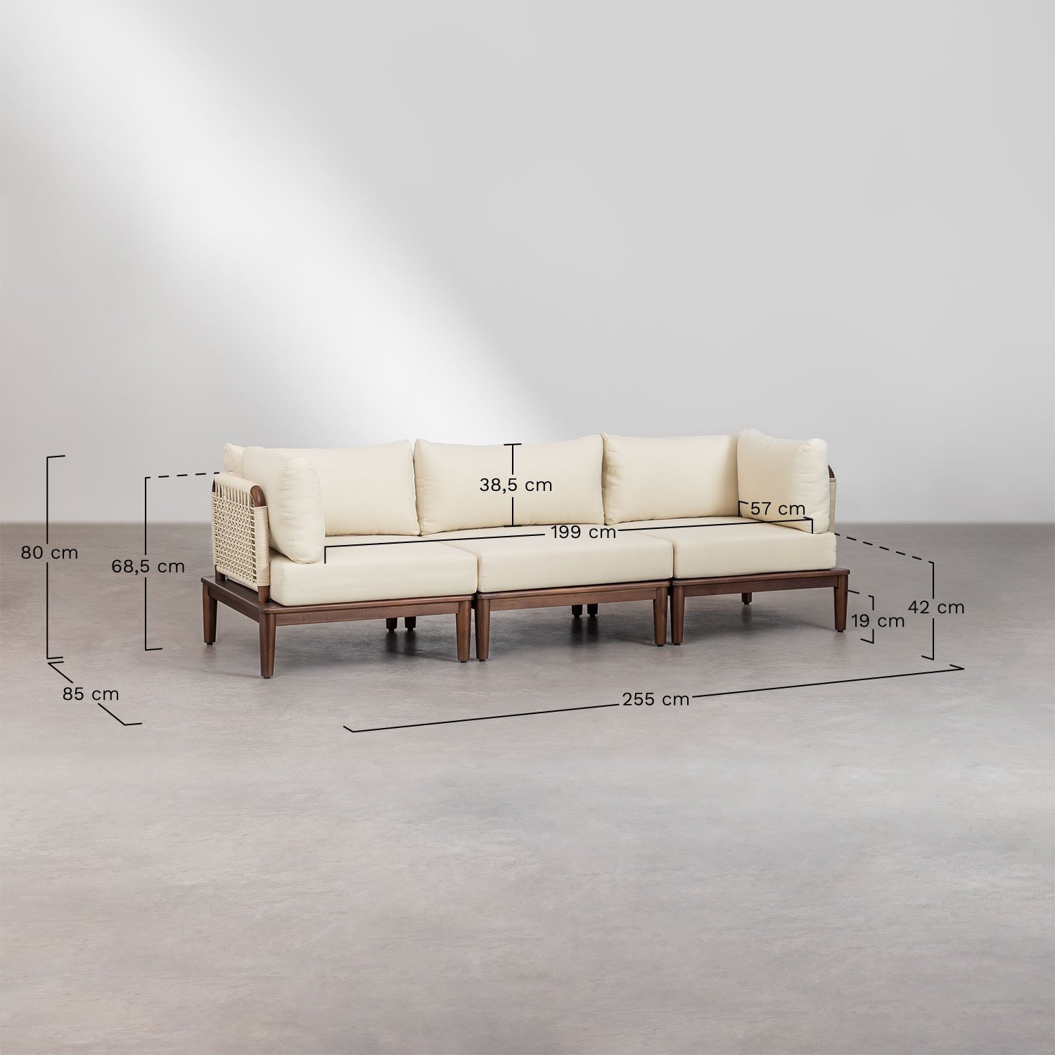 Giulia 3-teiliges modulares Gartensofa mit 2 Ecksesseln in Akazie, MAßE