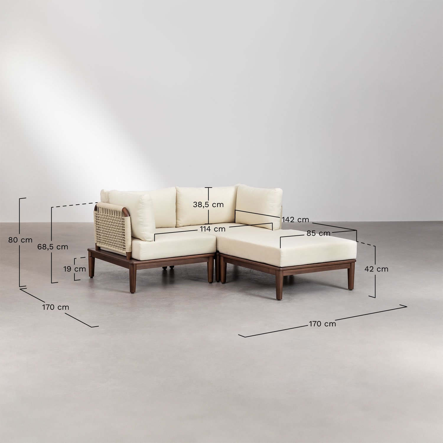 Gartenmöbel-Set mit 2-teiligen modularen Sofa mit 2 Ecksesseln, Couchtisch und Hocker aus Akazienholz Giulia, MAßE