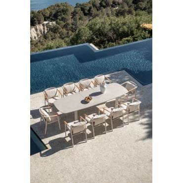 Set De Mesa Extensible Rectangular 220-280x100 Cm En Cerámica Zinti Y 10 Sillas De Jardín En Aluminio Y Tela Bouclé Yervin Beige Creme - Sklum