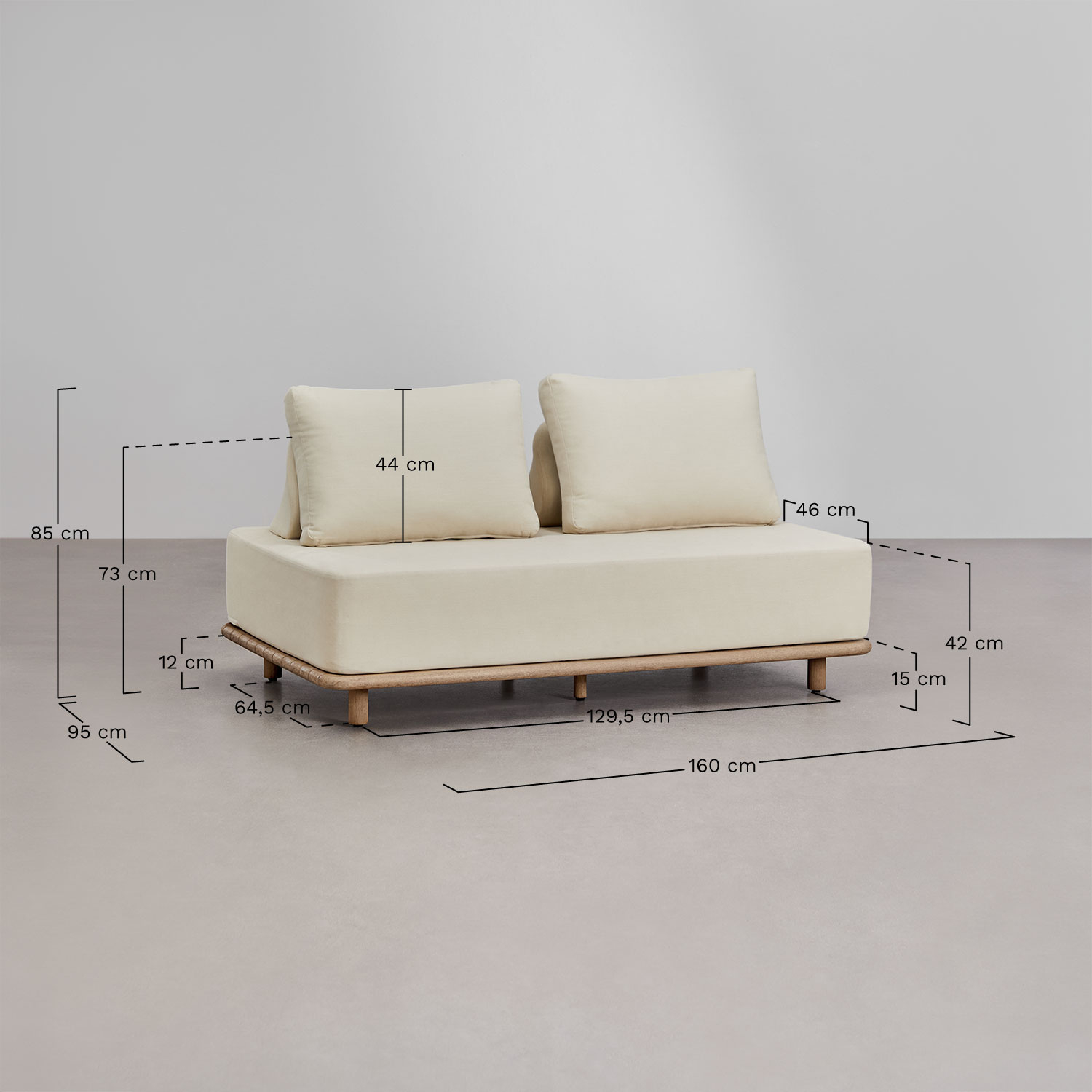 Gartenset mit 2-Sitzer-Sofa und quadratischem Couchtisch 95x95 cm aus Akazie Portet, MAßE