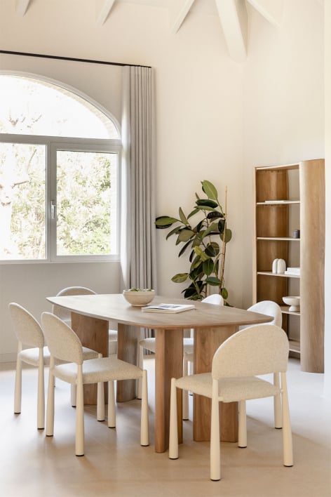 Rechteckiges Tischset 200x100 cm aus Mangoholz Sidney und 6 Esszimmerstühle aus bouclé Nagore