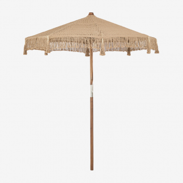 Tongariki-sonnenschirm Aus Teakholz Und Baumwolle Ø220 Cm & Makramee In Mandelbeige - Sklum
