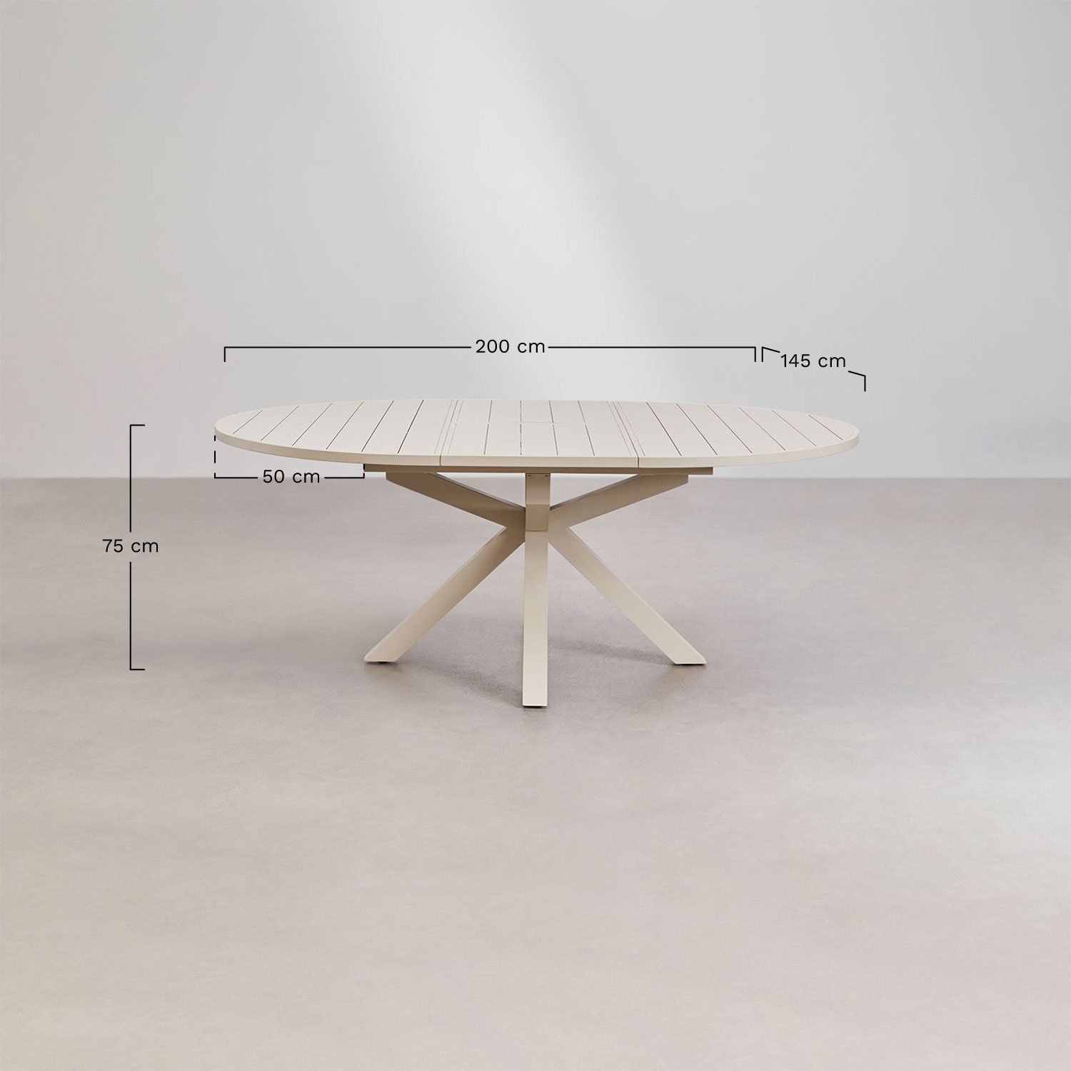 Set aus rundem ausziehbarem Tisch Barces 145-200x145 cm und 6 stapelbaren Gartenstühlen Karena aus Aluminium mit Armlehnen, MAßE