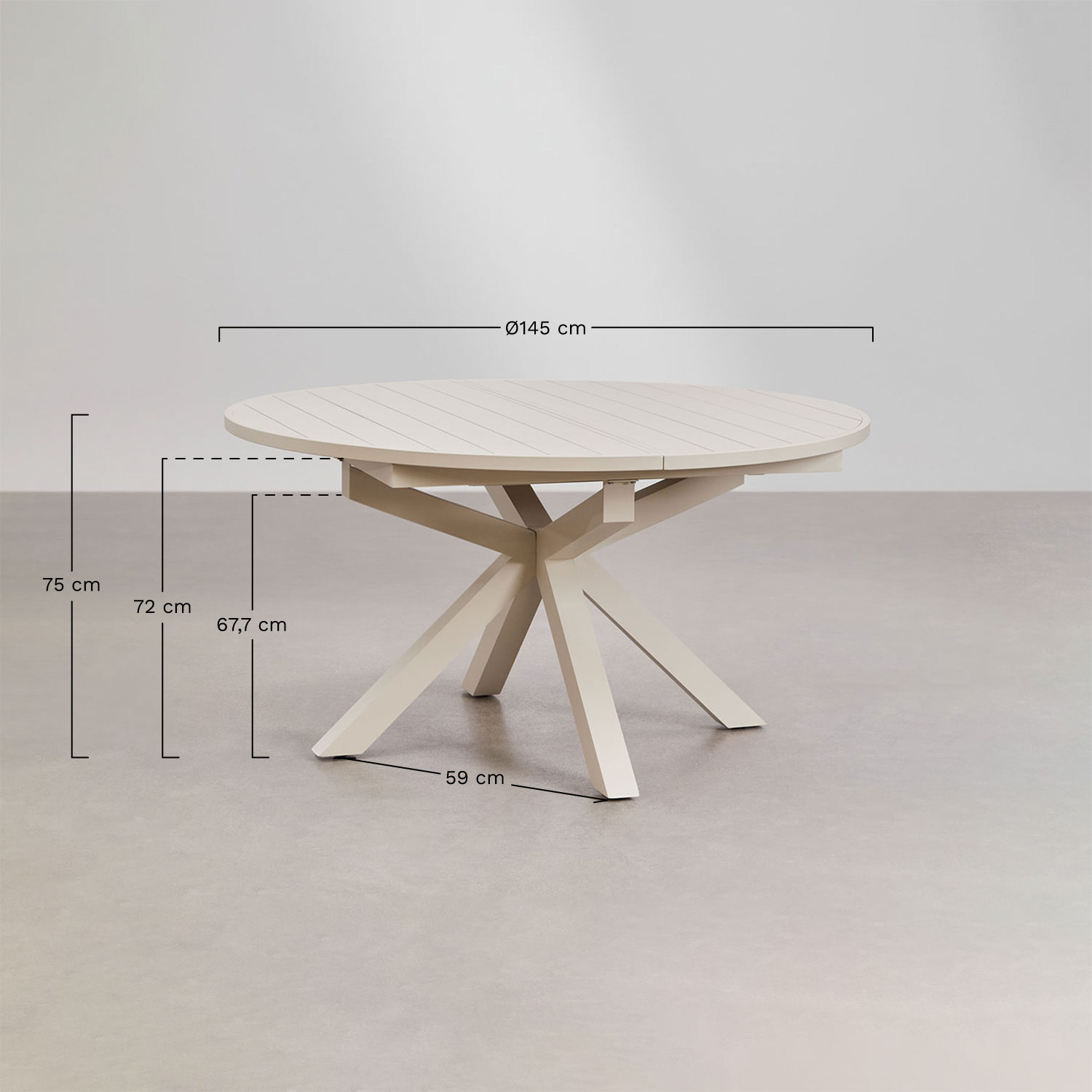 Set aus rundem ausziehbarem Tisch Barces 145-200x145 cm und 6 stapelbaren Gartenstühlen Karena aus Aluminium mit Armlehnen, MAßE