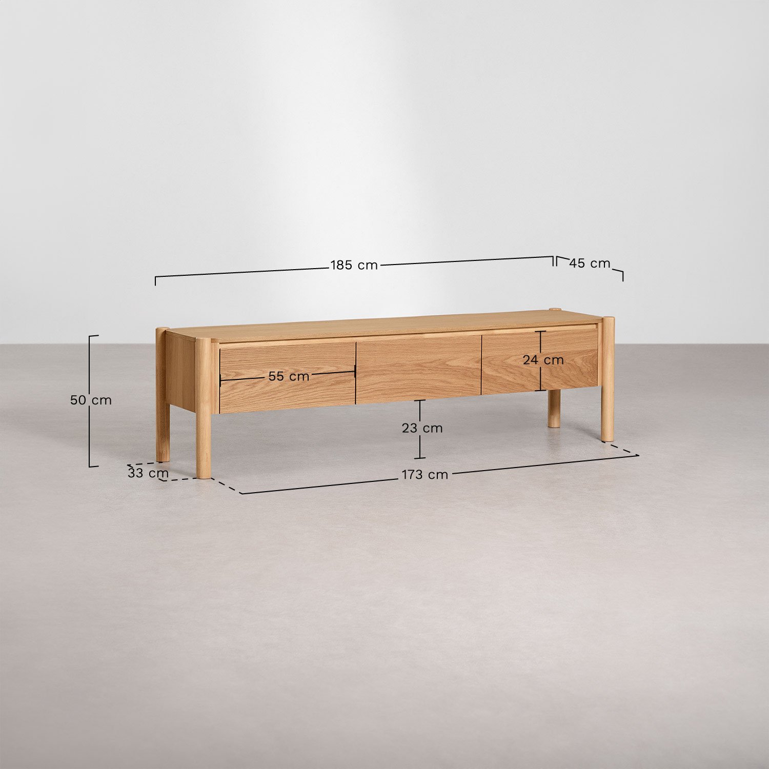 TV-Möbel 185x45 cm aus MDF mit Eichenfurnier Munden, MAßE