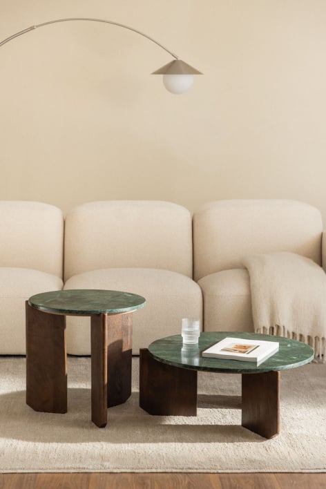 Set aus 2 runden Couchtischen aus Naturstein und Mangoholz Lavinia - Grüner Marmor Udaipur