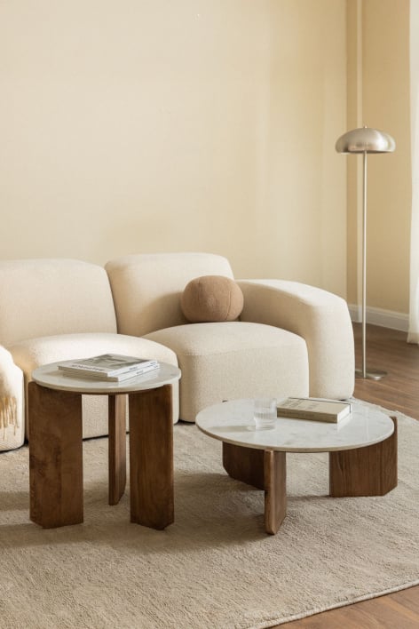 Set aus 2 runden Couchtischen aus Naturstein und Mangoholz Lavinia - Weißer Marmor Banswara