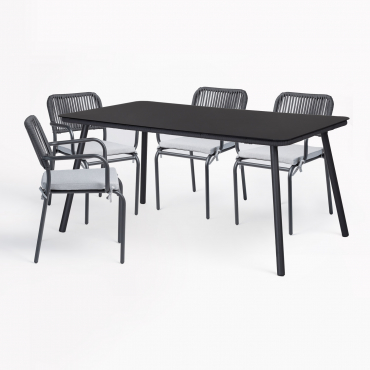 Arhiza Rechteckiges Tischset, 160 X 90 Cm, Und 4 Stapelbare Gartenstühle Aus Aluminium. Grau Graphit - Sklum