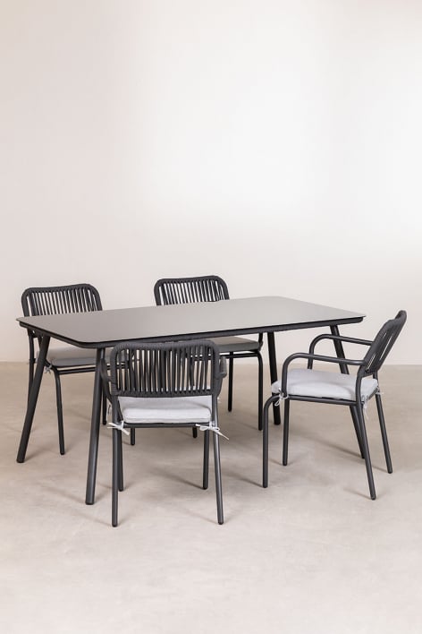 Rechteckiger Esstisch-Set 160 x 90 cm und 4 stapelbare Esszimmerstühle aus geflochtenem Seil Arhiza - Grau Graphit