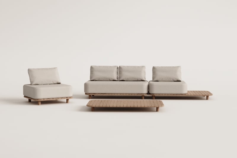 Gartenset mit 2-teiligem Modulsofa mit Beistelltisch, Sessel und Couchtisch 160x95 cm in Portet Akazie