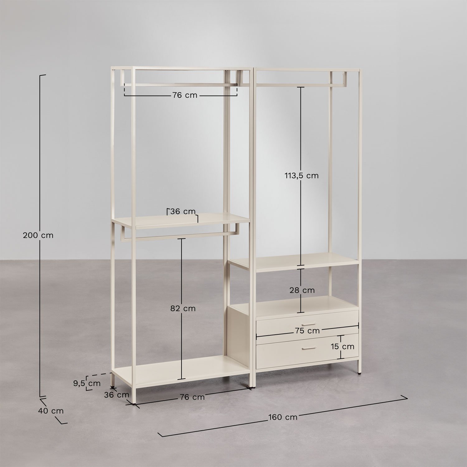 Janine 2-teiliger offener modularer Kleiderschrank mit Schubladen, MAßE
