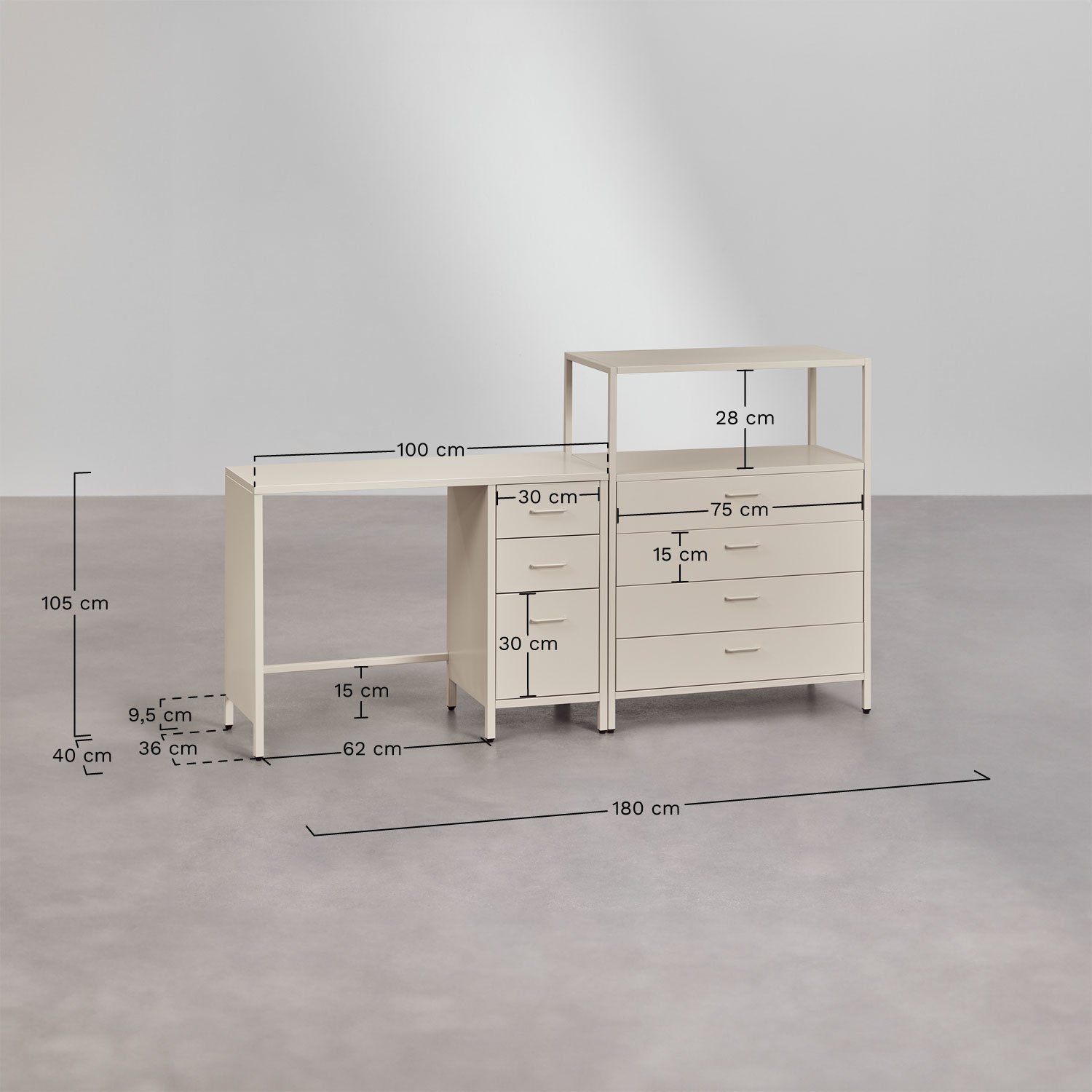 Schreibtisch-Set mit Schubladen und Stahlschrank Janine, MAßE