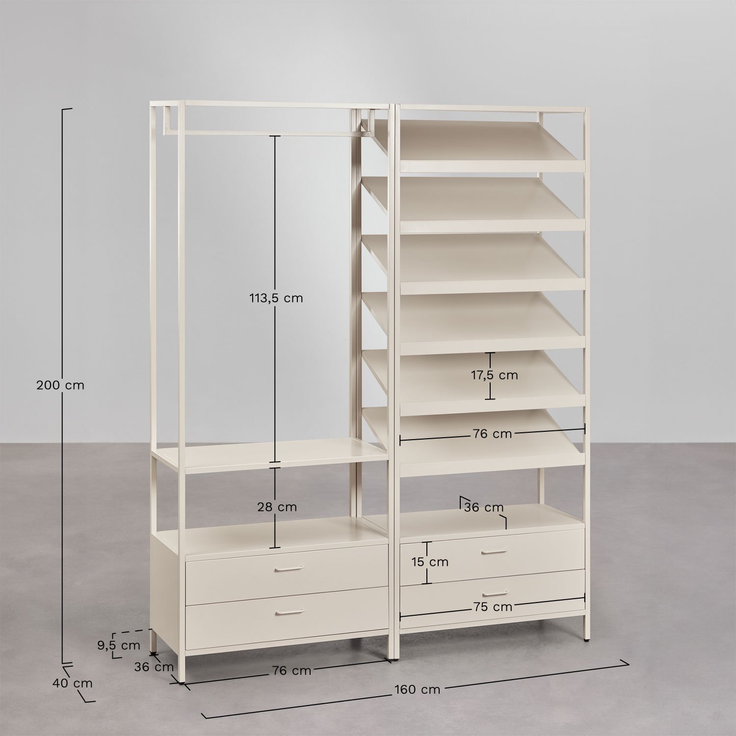 Janine 2-teiliger offener modularer Kleiderschrank mit Schubladen und Schuhregal aus Stahl, MAßE