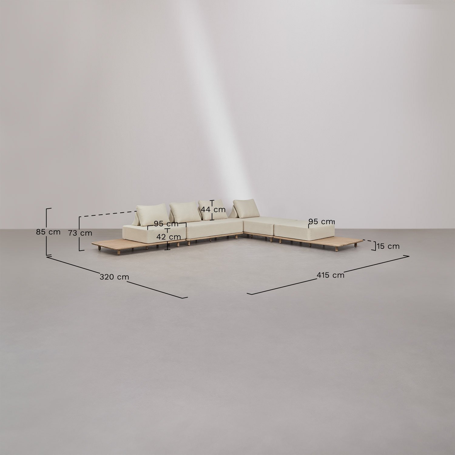 Wohnzimmerset mit 4-teiligem Modulsofa Chaiselongue mit Beistelltisch und Couchtisch 160x95 cm in Portet Akazie, MAßE