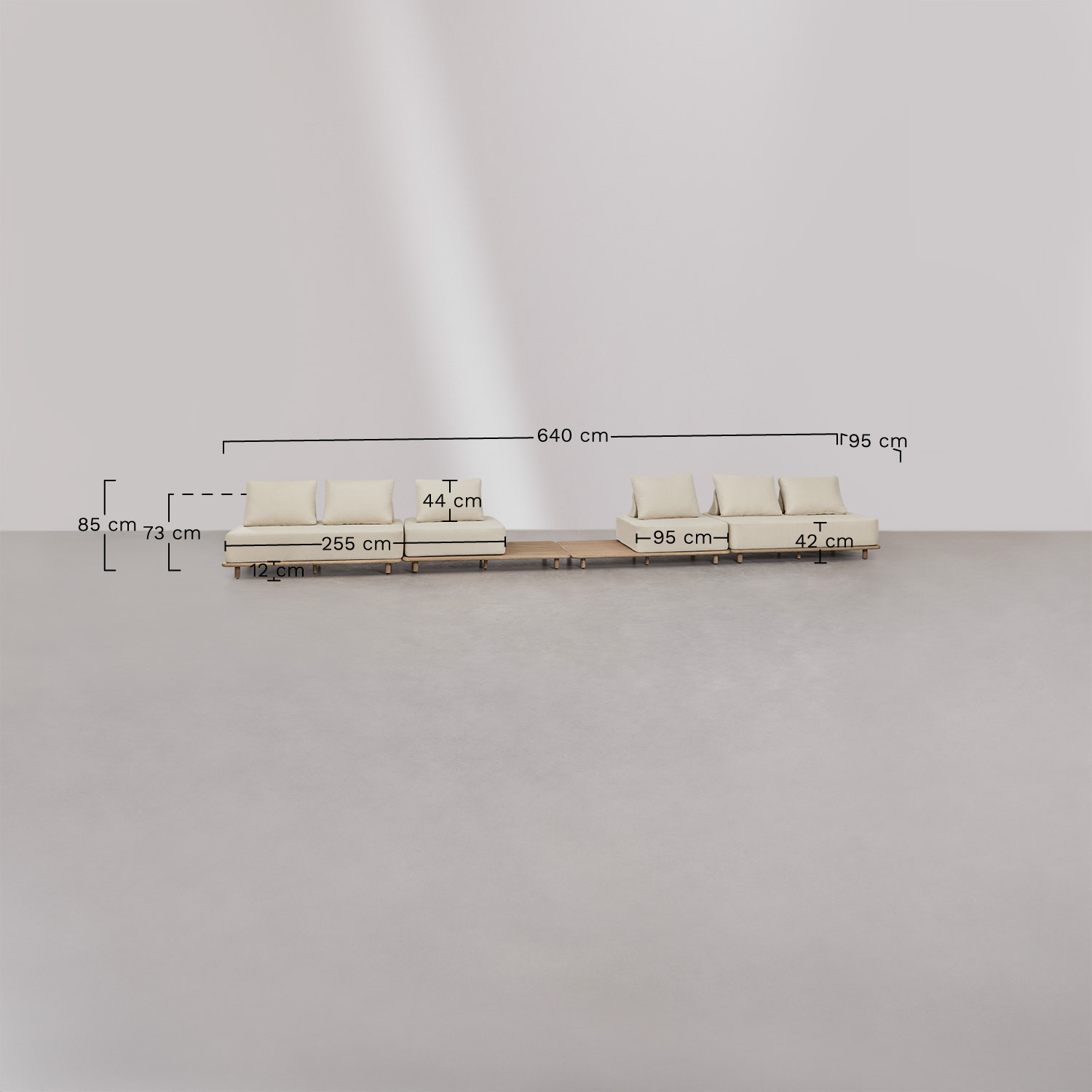 Portet 4-teiliges modulares Sofa-Gartenset mit Beistelltisch in Akazie, MAßE