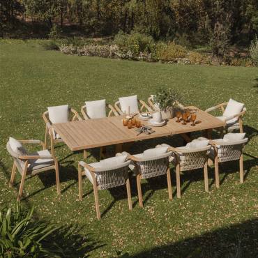Rechteckiges Ausziehbares Tischset 200-260-320x100 Cm Und 10 Gartenstühle Mit Armlehnen Aus Dubai-akazienholz Gardenia Weiß - Sklum