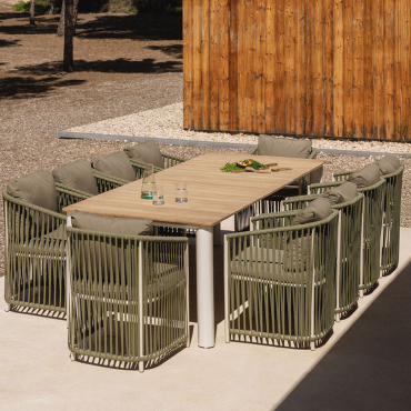 Rechteckiges Tischset 260x100 Cm Aus Aluminium Und Teakholz Sirka Und 10 Sophie Aluminium-gartenstühle Helles Militärgrün - Sklum
