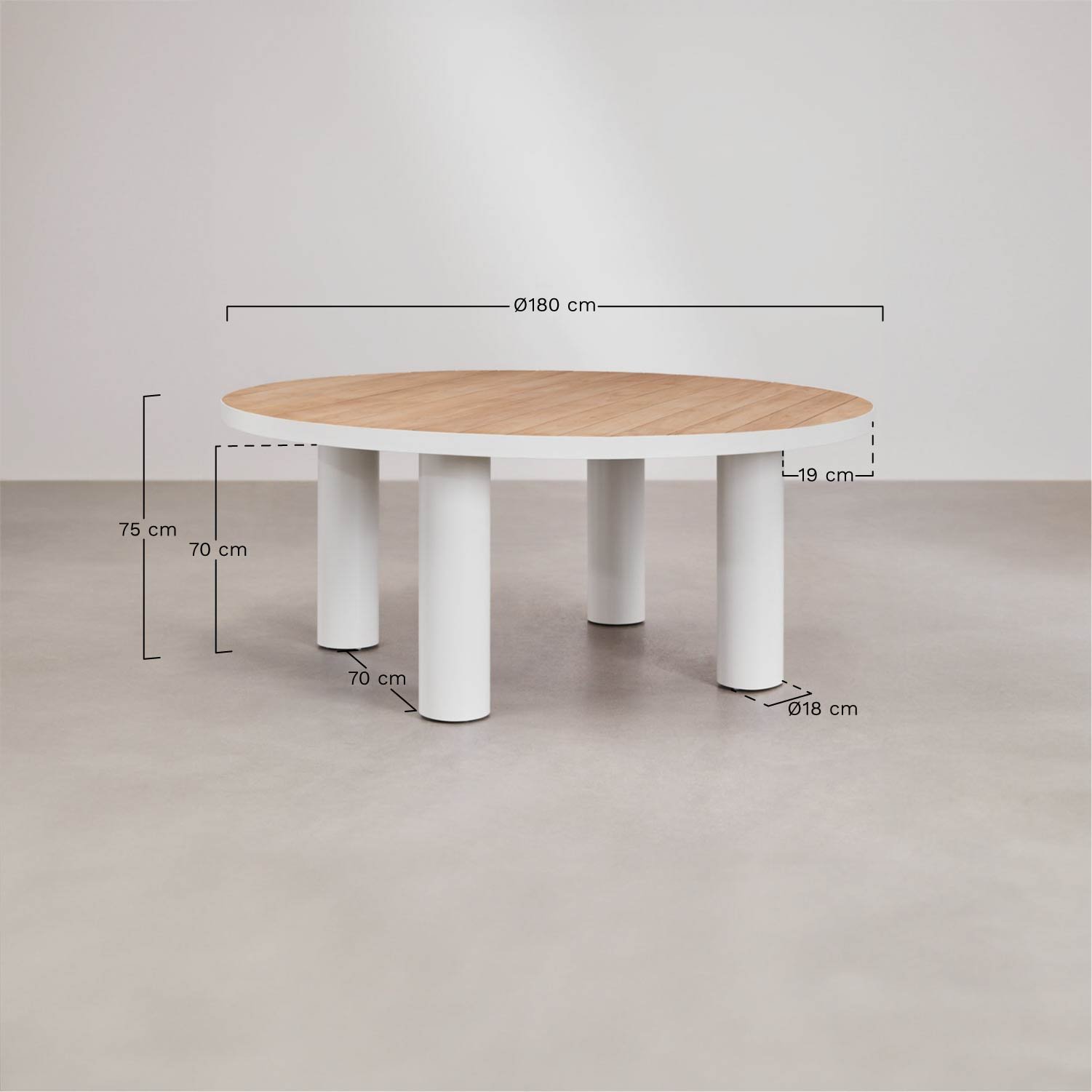 Riviera-Tischset, rund, Ø 180 cm, aus Teakholz und Aluminium, und 8 Sophie-Gartenstühle aus Aluminium und geflochtenem Seil., MAßE