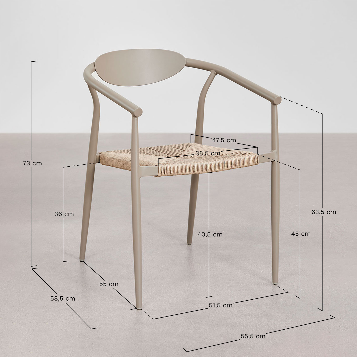 Runder Esstisch-Set Ø100 cm aus Aluminium Valerie und 4 Gartenstühle mit Armlehnen aus Aluminium und synthetischem Rattan Marsha, MAßE