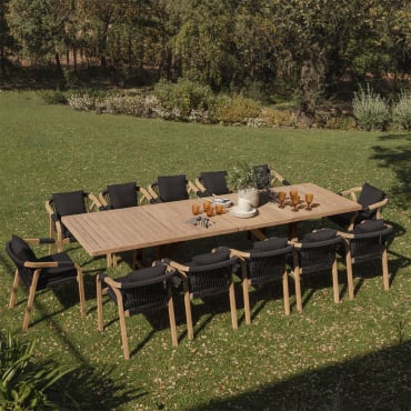 Ausziehbares Rechteckiges Tischset 200-260-320x100 Cm Und 12 Gartenstühle Mit Armlehnen Aus Dubai-akazienholz Grau Graphit & Rustikales Akazienbraun -