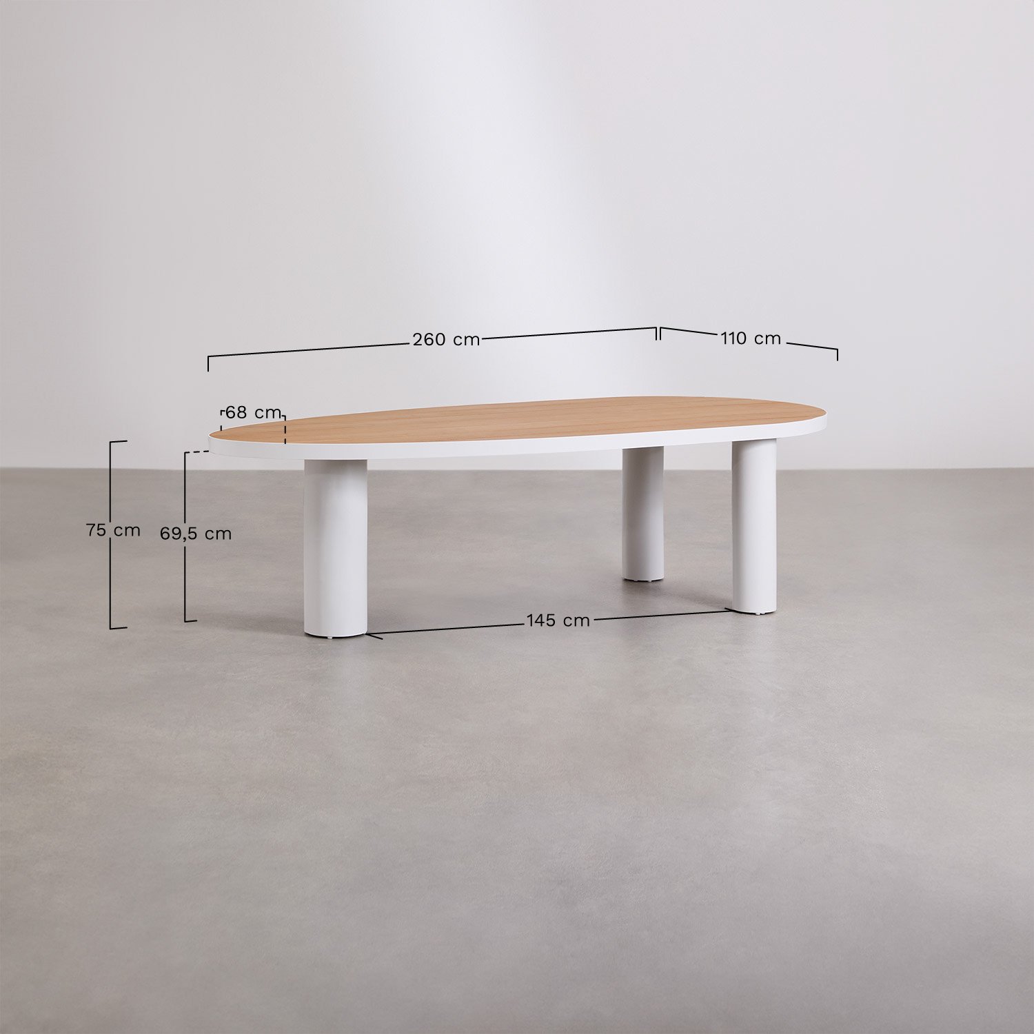 Ovales Tischset Taneli, 260 x 110 cm, aus Aluminium und Teakholz, und 10 stapelbare Aluminium-Gartenstühle Elvira., MAßE