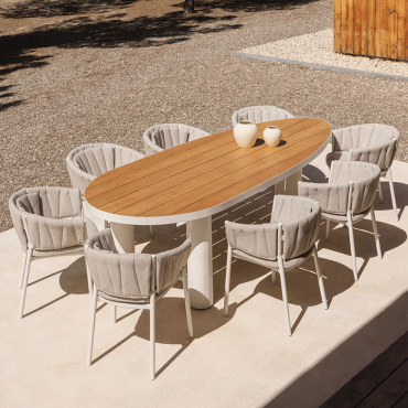 Ovales Tischset Taneli, 260 X 110 Cm, Aus Aluminium Und Teakholz, Und 8 Gartenstühle, Aus Aluminium Und Roderise-stoff. Teakholz - Sklum