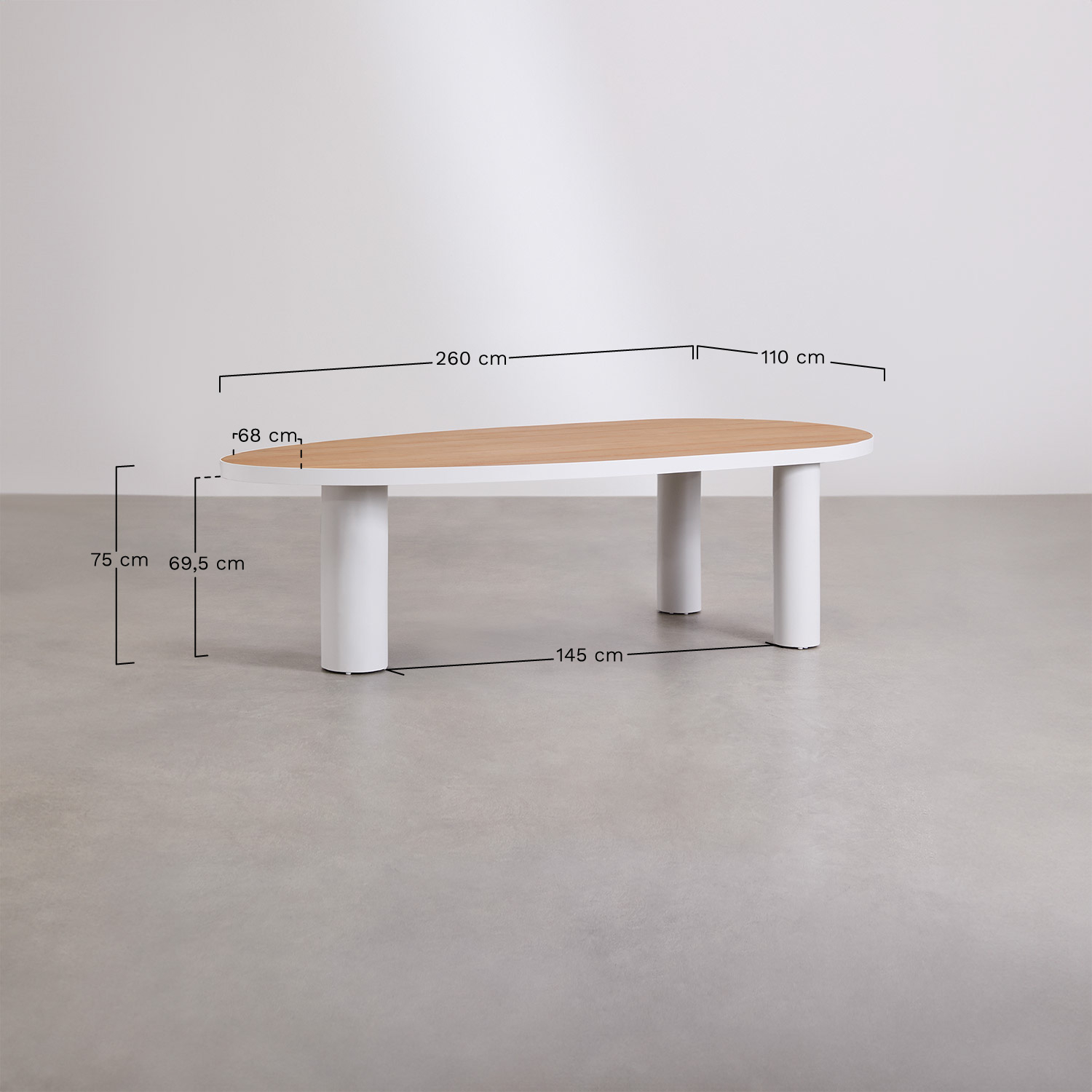 Ovales Tischset Taneli, 260 x 110 cm, aus Aluminium und Teakholz, und 10 Gartenstühle Saira aus Akazienholz., MAßE