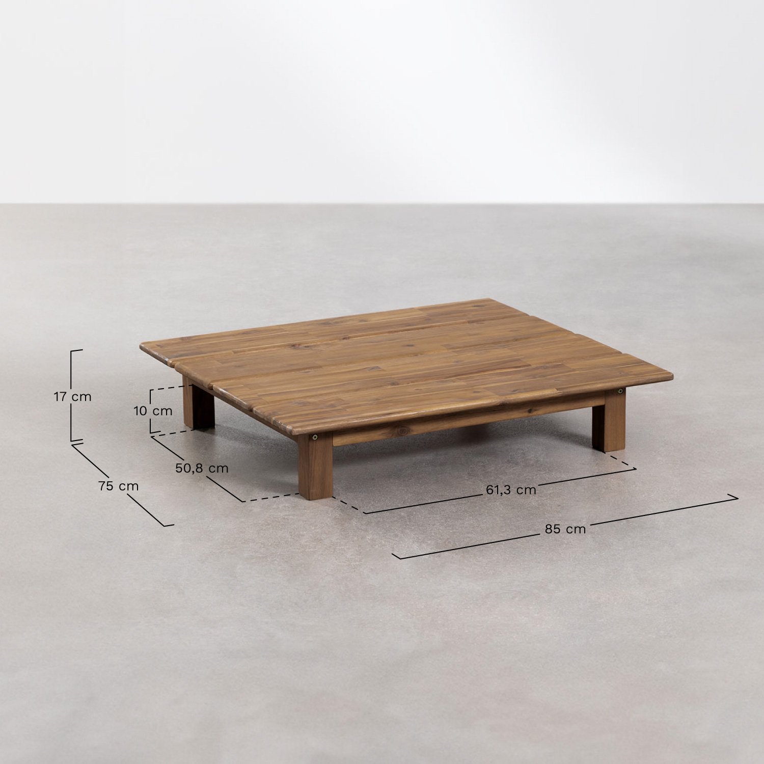 Rechteckiger Gartencouchtisch 85x75 cm aus Akazienholz Brina, MAßE