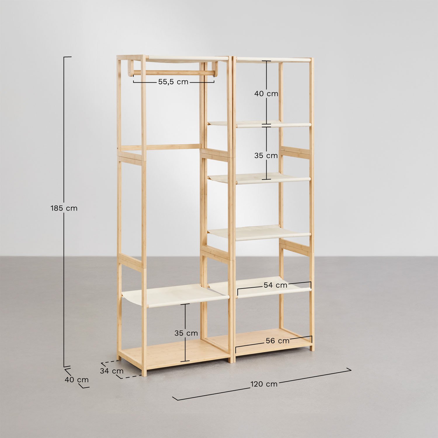 Deneb Bamboo 2-teiliger offener modularer Kleiderschrank mit Regalen, Gestell und Kleiderständer, MAßE