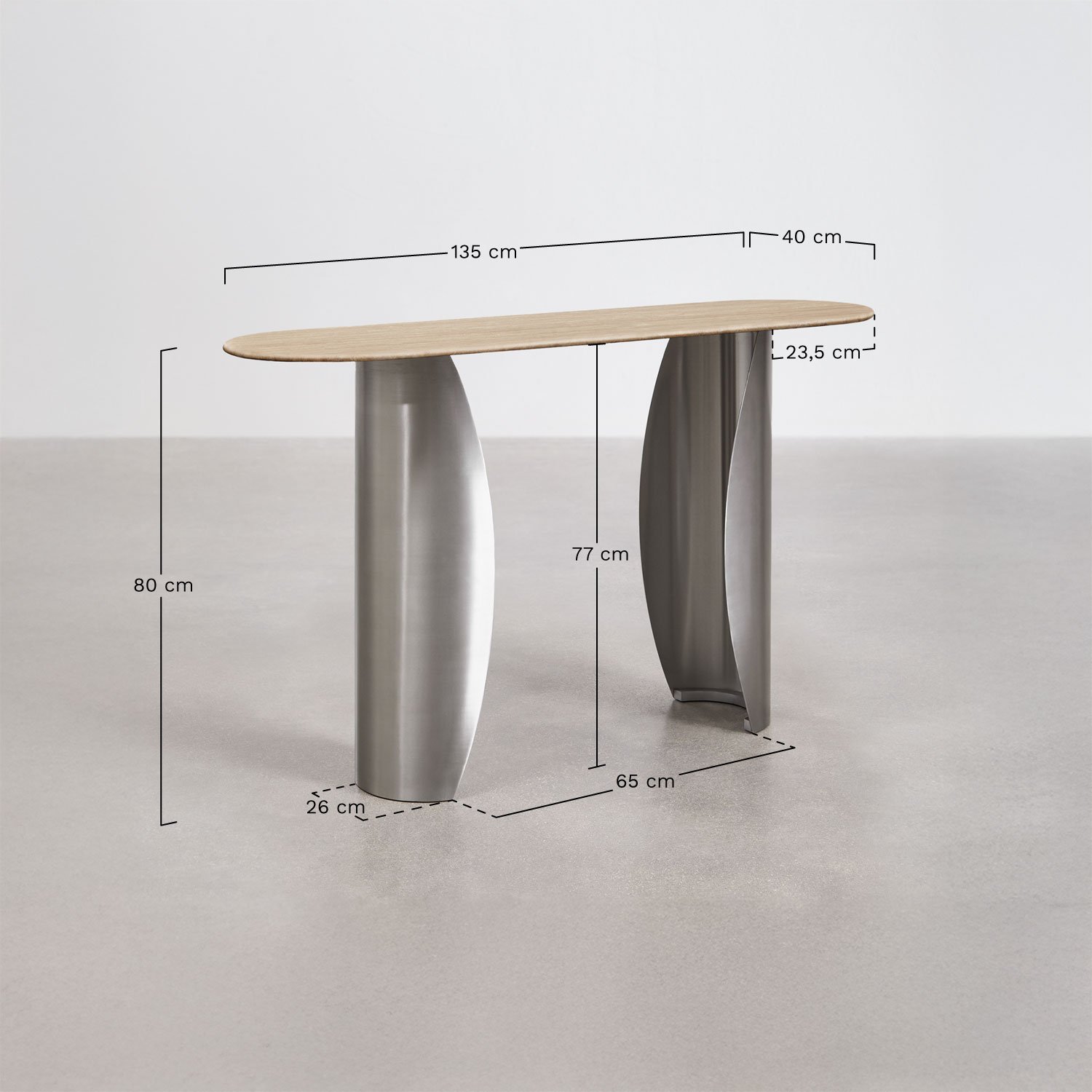 Ovaler Flurkonsole 135x40 cm aus Travertin und Edelstahl Neriyu, MAßE