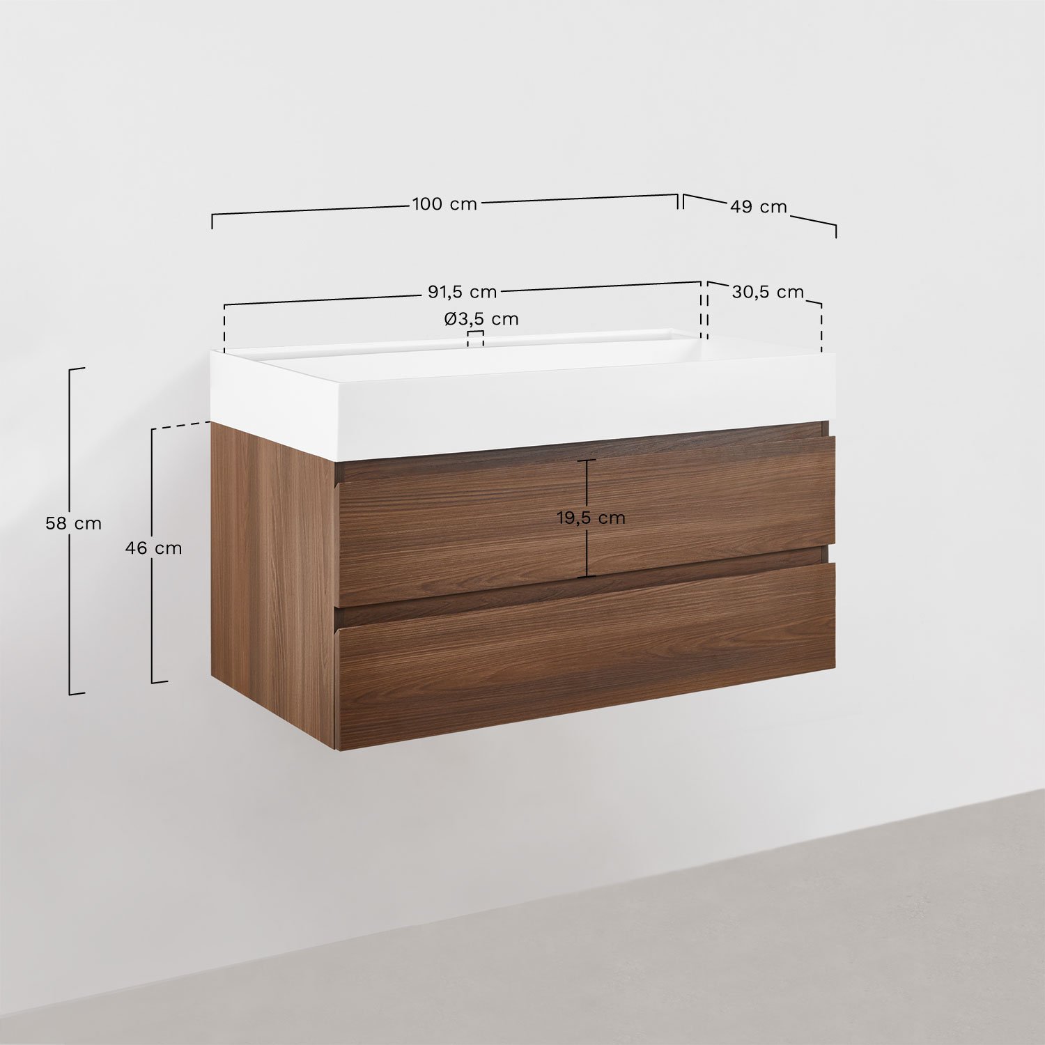 Badezimmerset aus Holz und Eschenfurnier mit integriertem Waschbecken Ona, MAßE