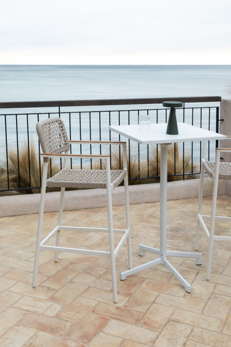 Garten Barhocker 75 cm mit Armlehnen aus weißem Aluminium und Geflecht Nediam