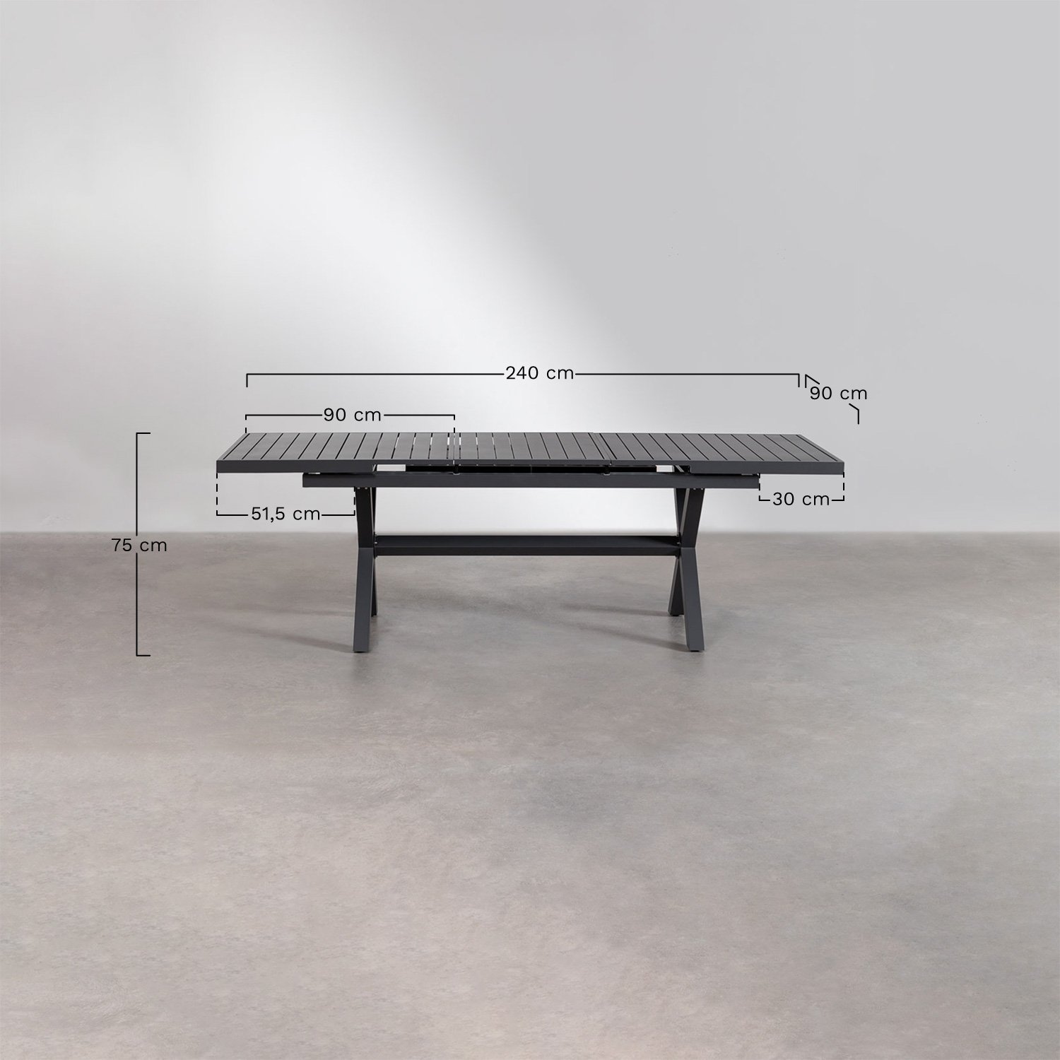 Set ausziehbarer rechteckiger Tisch 180-240x90 cm Karena und 6 Gartenstühle aus Aluminium Omara, MAßE