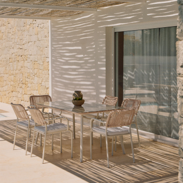 Arhiza Rechteckiges Tischset, 160 X 90 Cm, Und 6 Stapelbare Gartenstühle Aus Aluminium. Beige Tapioca - Sklum