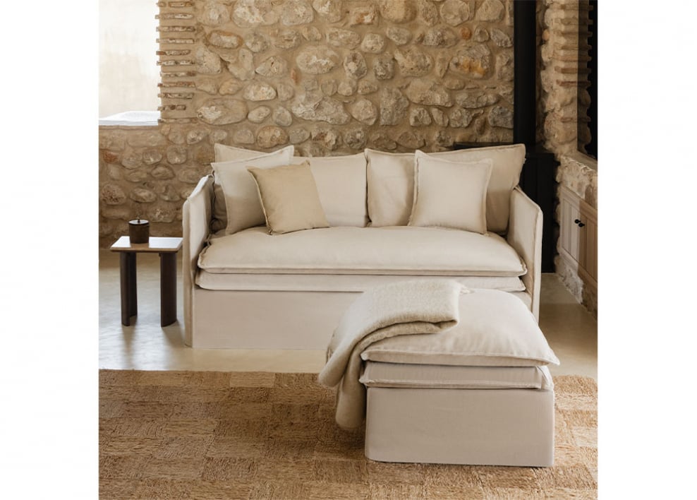 Grace-Wohnzimmerset aus Leinen und Baumwolle mit 2-Sitzer-Sofa und Hocker - Stofffarbe Beige