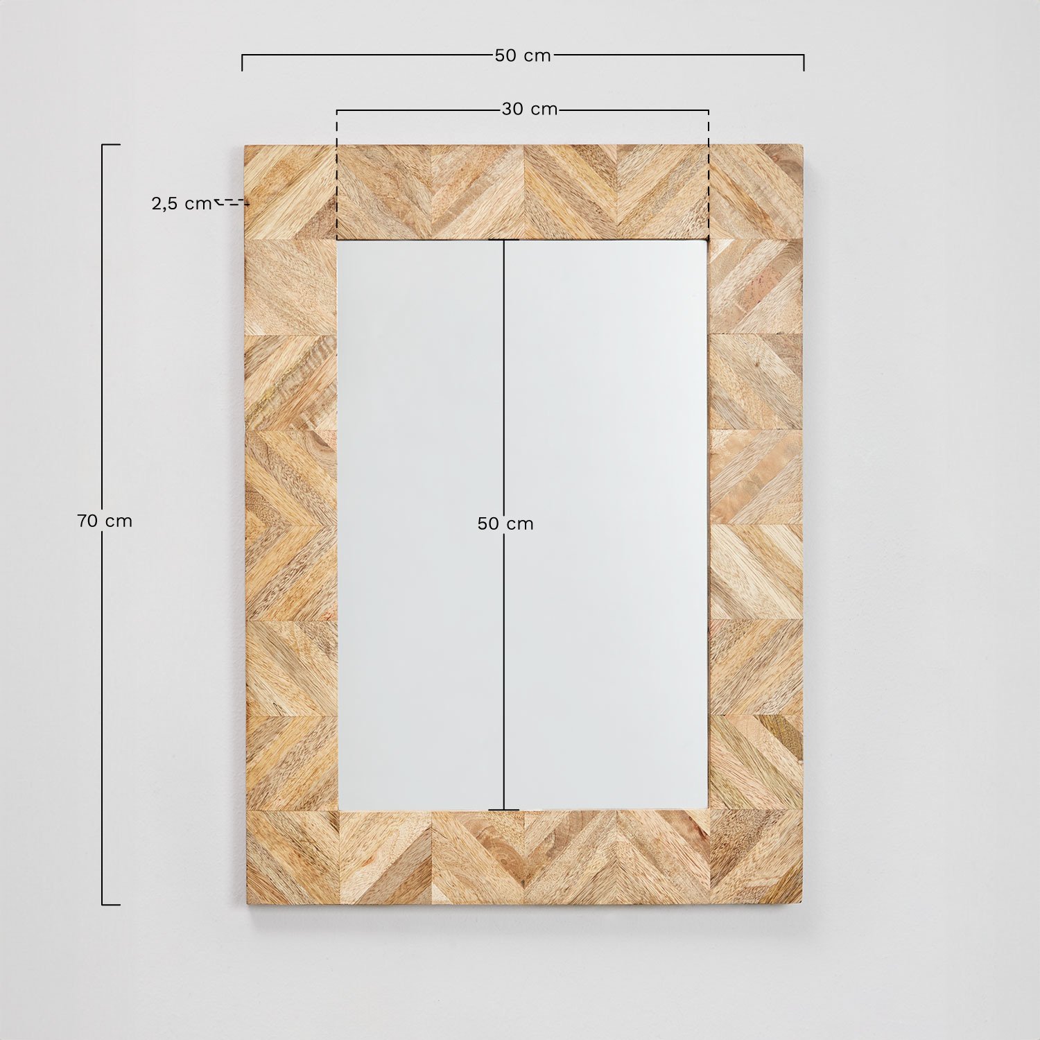 Rechteckiger Wandspiegel 50x70 cm aus Mangoholz Mykonos, MAßE