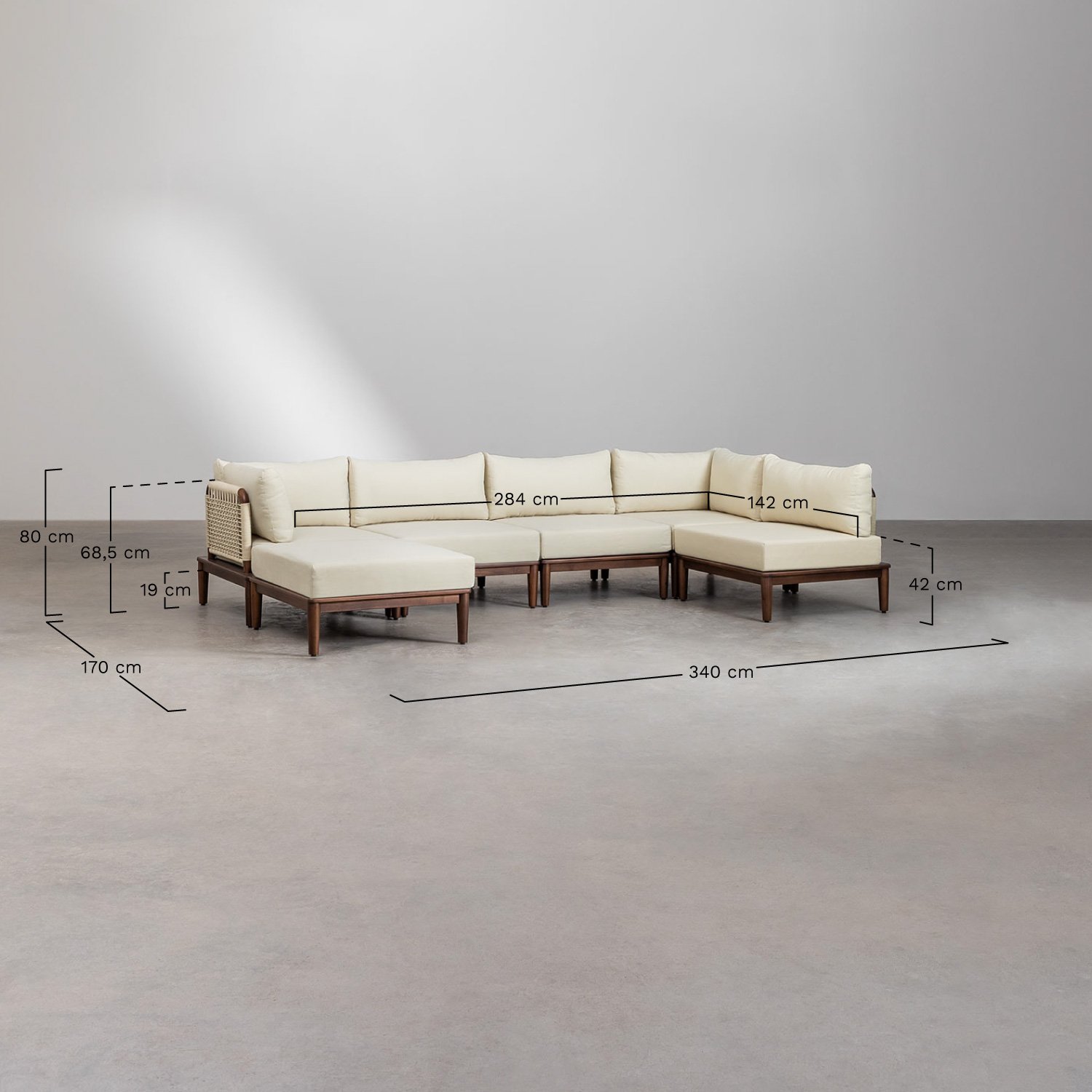 Wohnzimmerset mit 5-teiligem modularen Ecksofa, Couchtisch und Ottomane in Giulia-Akazie, MAßE