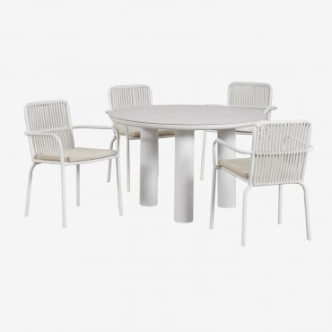 Arken-tischset Rund, Ø120, Aus Keramik Und Aluminium, Und 4 Alberta-esszimmerstühle Aus Aluminium Mit Armlehnen. Beige Creme - Sklum