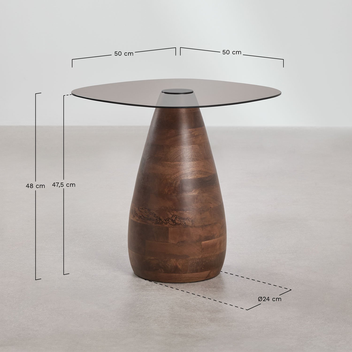 Pack aus 2 quadratischen Nachttischen 50x50 cm aus Mangoholz und gehärtetem Glas Mariana, MAßE