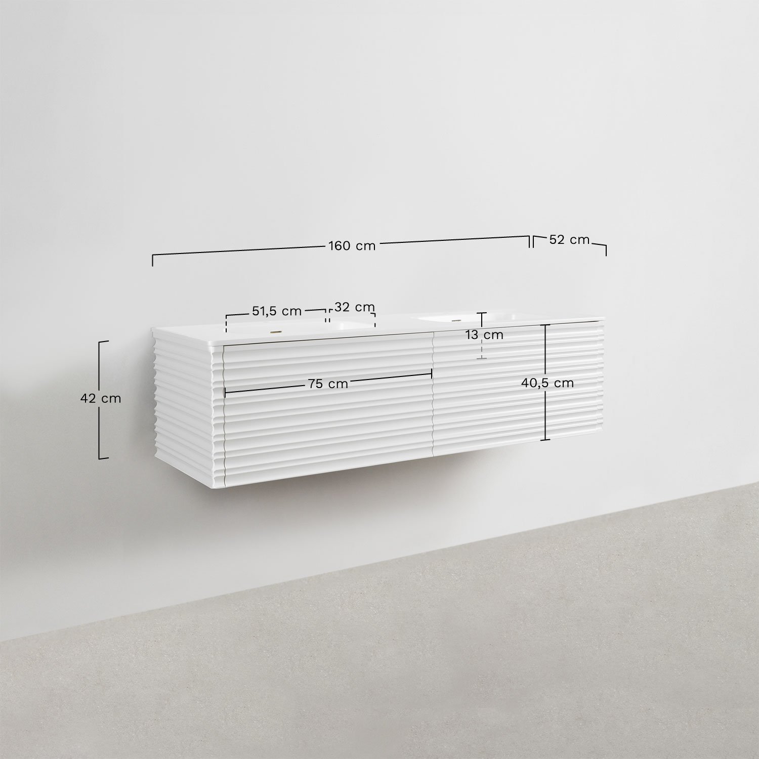 Noura-Badezimmermöbelset aus Holz mit integrierten Waschbecken, MAßE