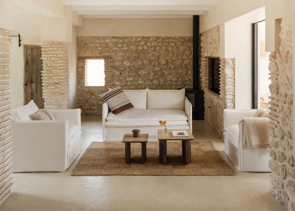 Wohnzimmerset mit 2-Sitzer-Sofa und 2 Sesseln aus Leinen und Baumwolle Grace