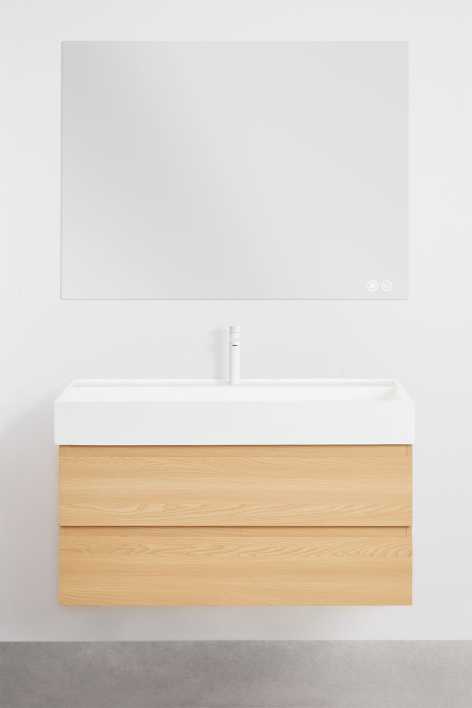 Hängendes Badezimmermöbel-Set aus Holz und Eschenfurnier mit integriertem Waschbecken Ona - Braun Natur