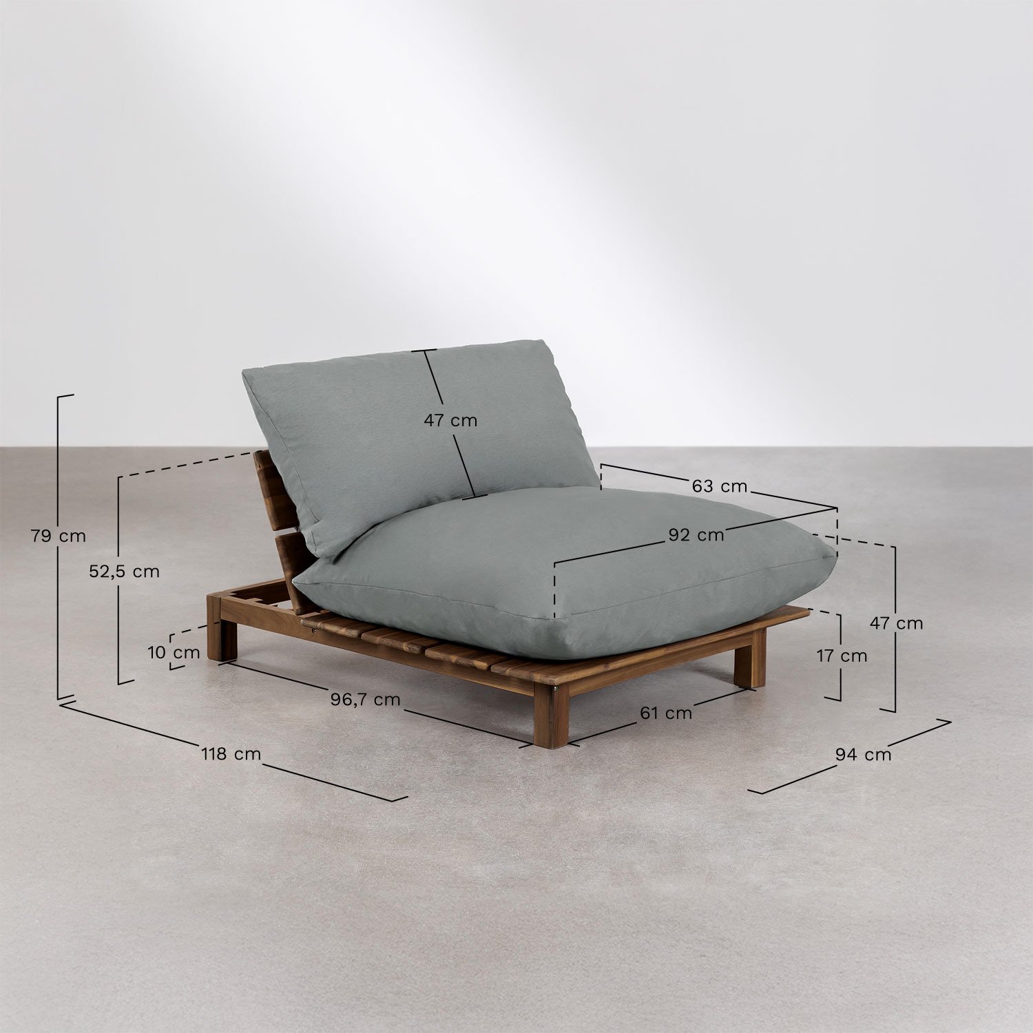 Zentralmodul mit Rückenlehne für modulare Gartensofas aus Akazienholz Brina, MAßE